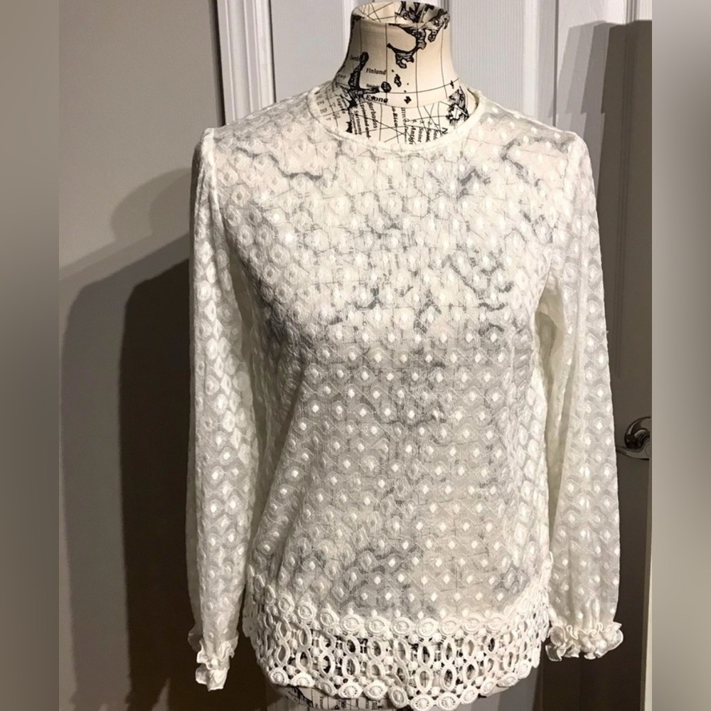Sara Campbell sheer polkadot with crochet trim top. Size 6. Made in 🇺🇸
